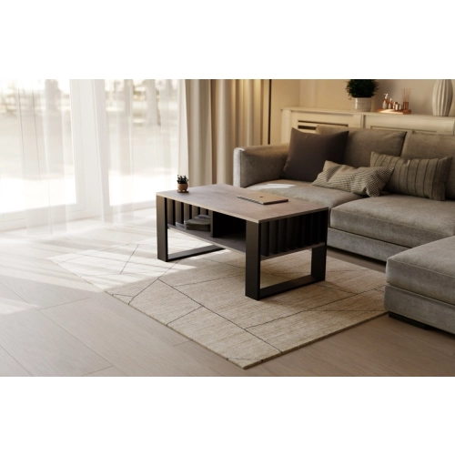 Stolik kawowy ST14 BET z lamelami Ława Beton/Czarny z półką loft